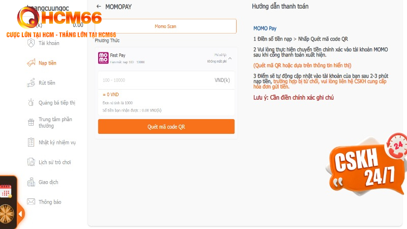 Hướng dẫn các phương thức nạp tiền HCM66 chi tiết